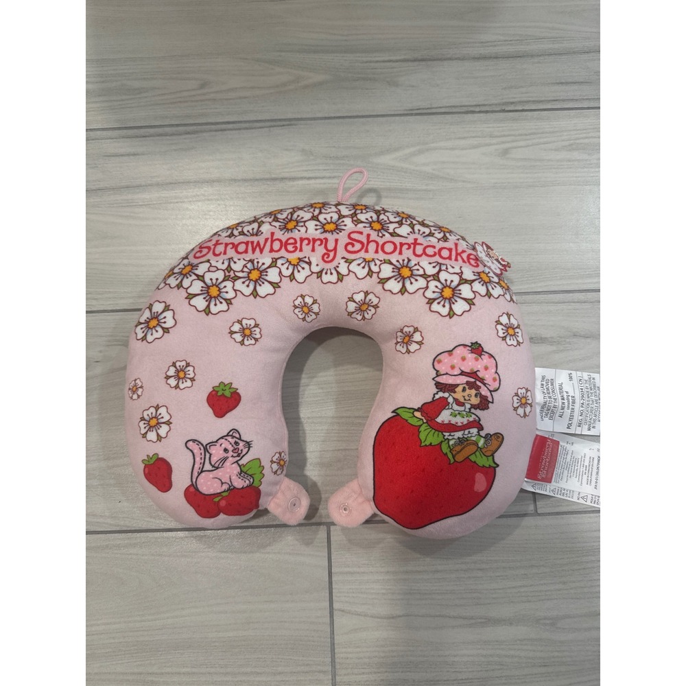 Strawberry Shortcake Pink Travel Neck Pillow Custard Cat Floral Snap Closure NWT
